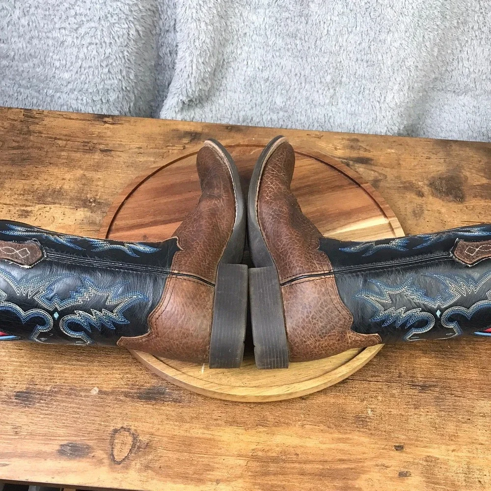 Ariat Tombstone Western Boots Kids 3 Brown Black Blue Stitched Square Toe Cowboy